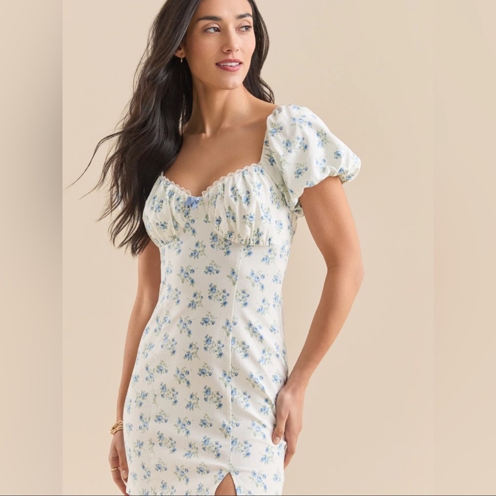 New Altar'd‎ State Floral Puff Sleeve Mini Dress White Blue Sweetheart Neck